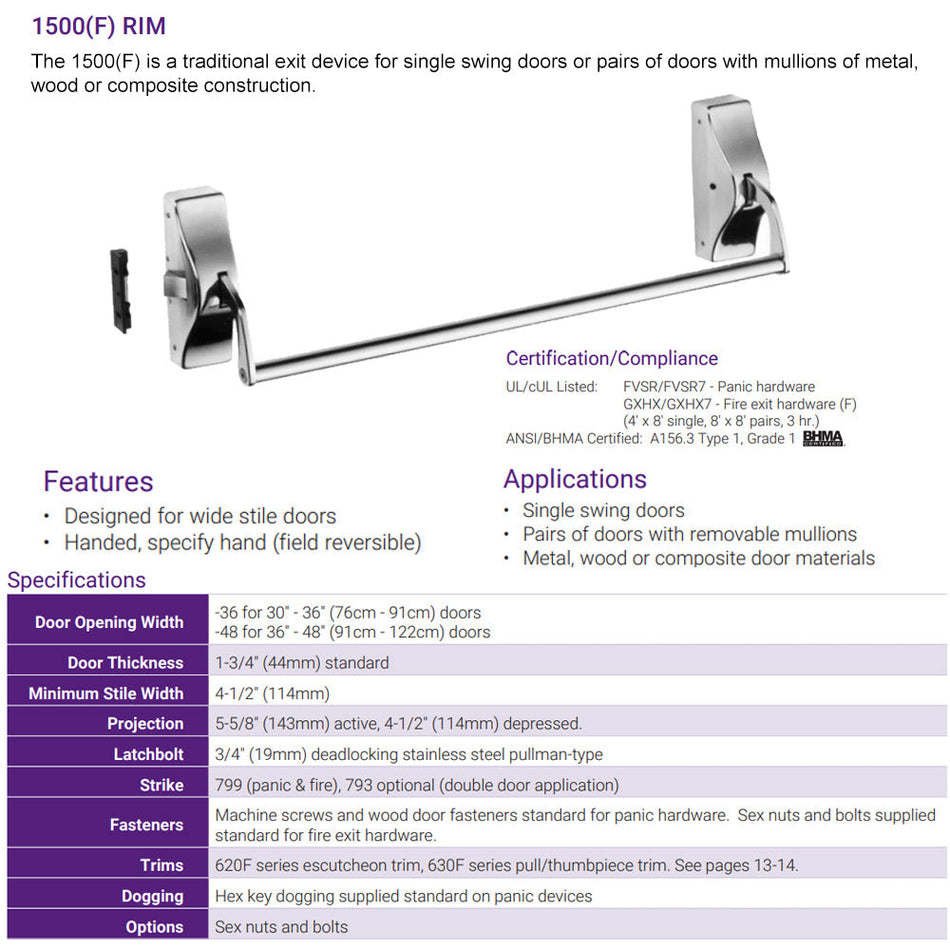 Accentra 1500 Series Rim Exit Device - Panic Rated / Fire Rated