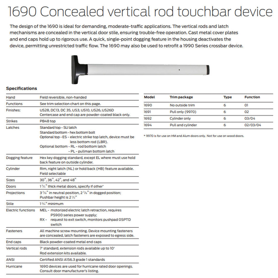 Falcon 1691-DT Dummy Trim - Concealed Vertical Rod Exit Device Pushpads