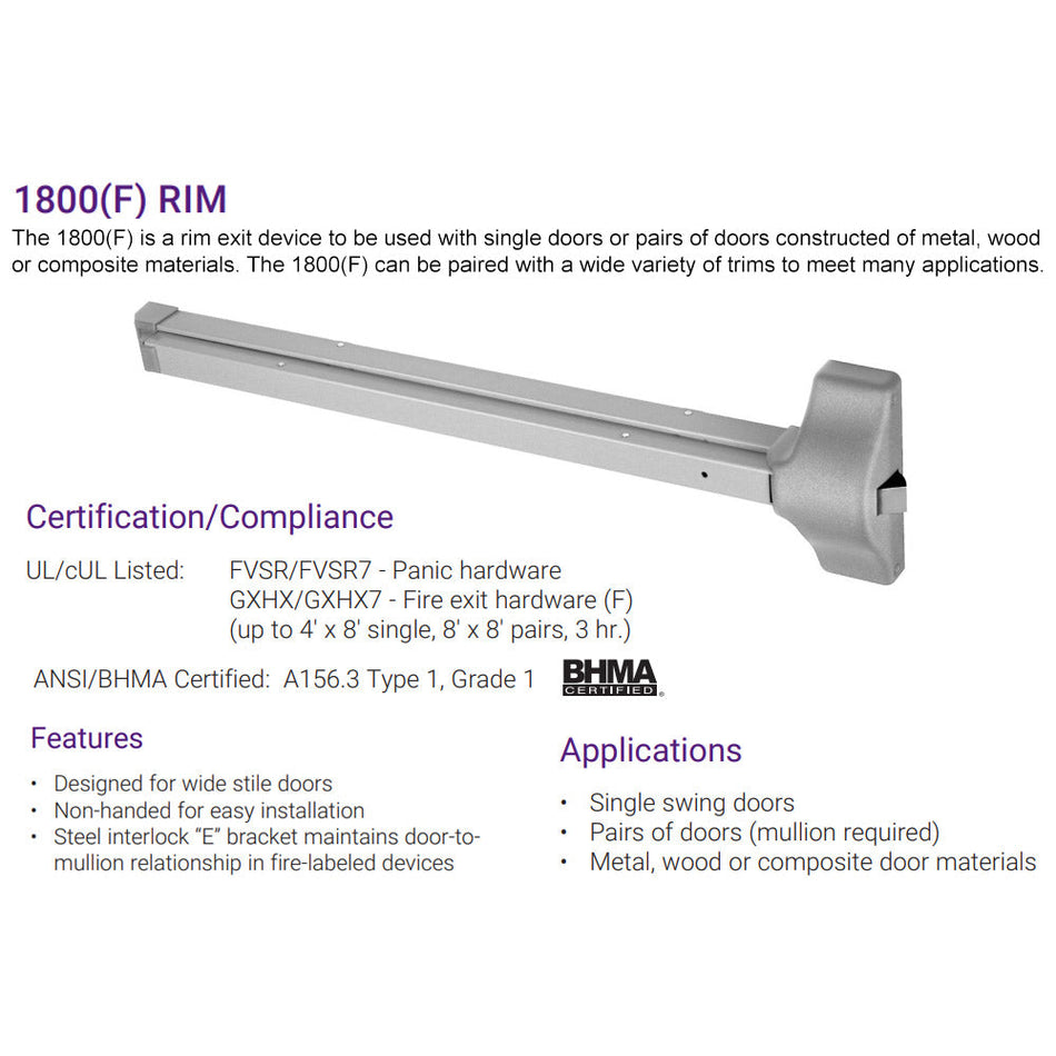Accentra 1800 Series Rim Exit Device - Panic Rated / Fire Rated