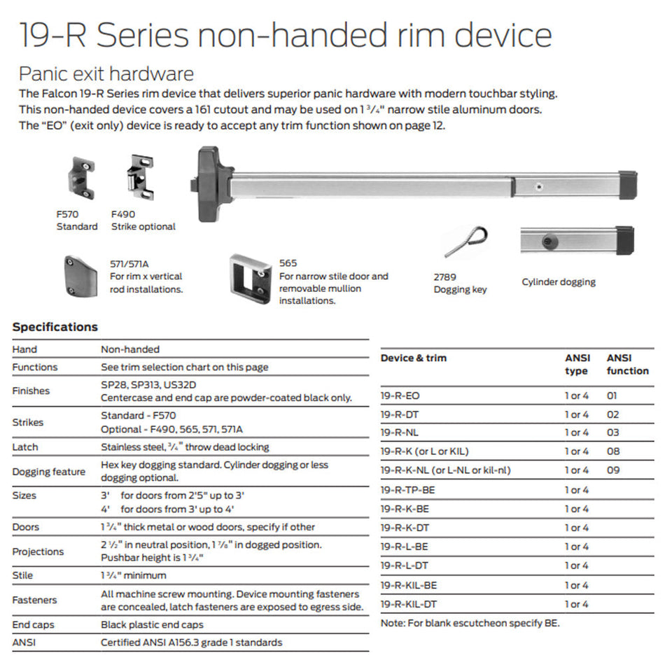 Falcon 19R EO Rim Touch Bar Exit Device With Fire Option