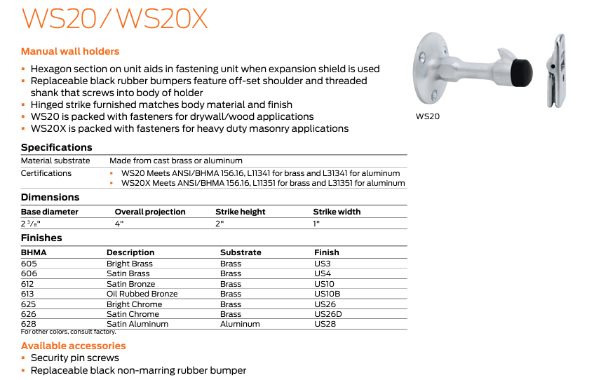 Ives - WS20X Manual Wall Stop and  Holder for Masonry Mounting