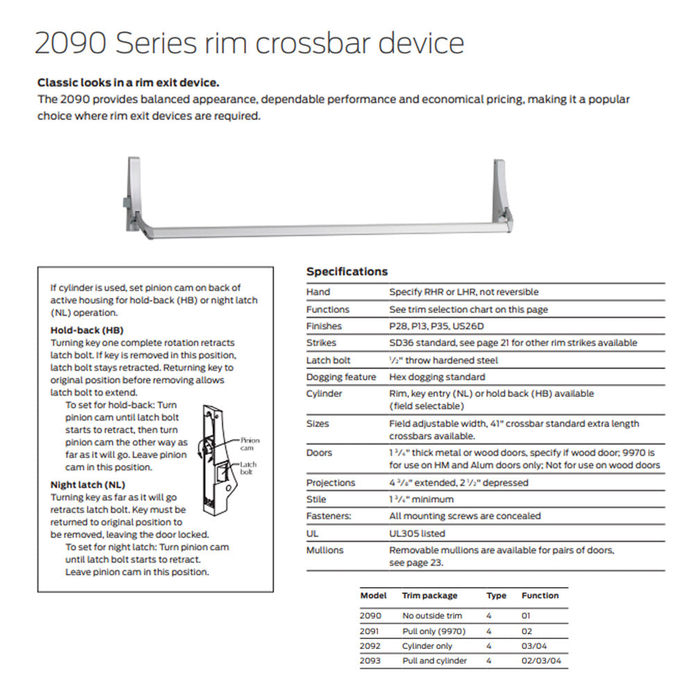 Falcon Rim Device Falcon 2090EO Rim Cross Bar Exit Device – Barzel Lock