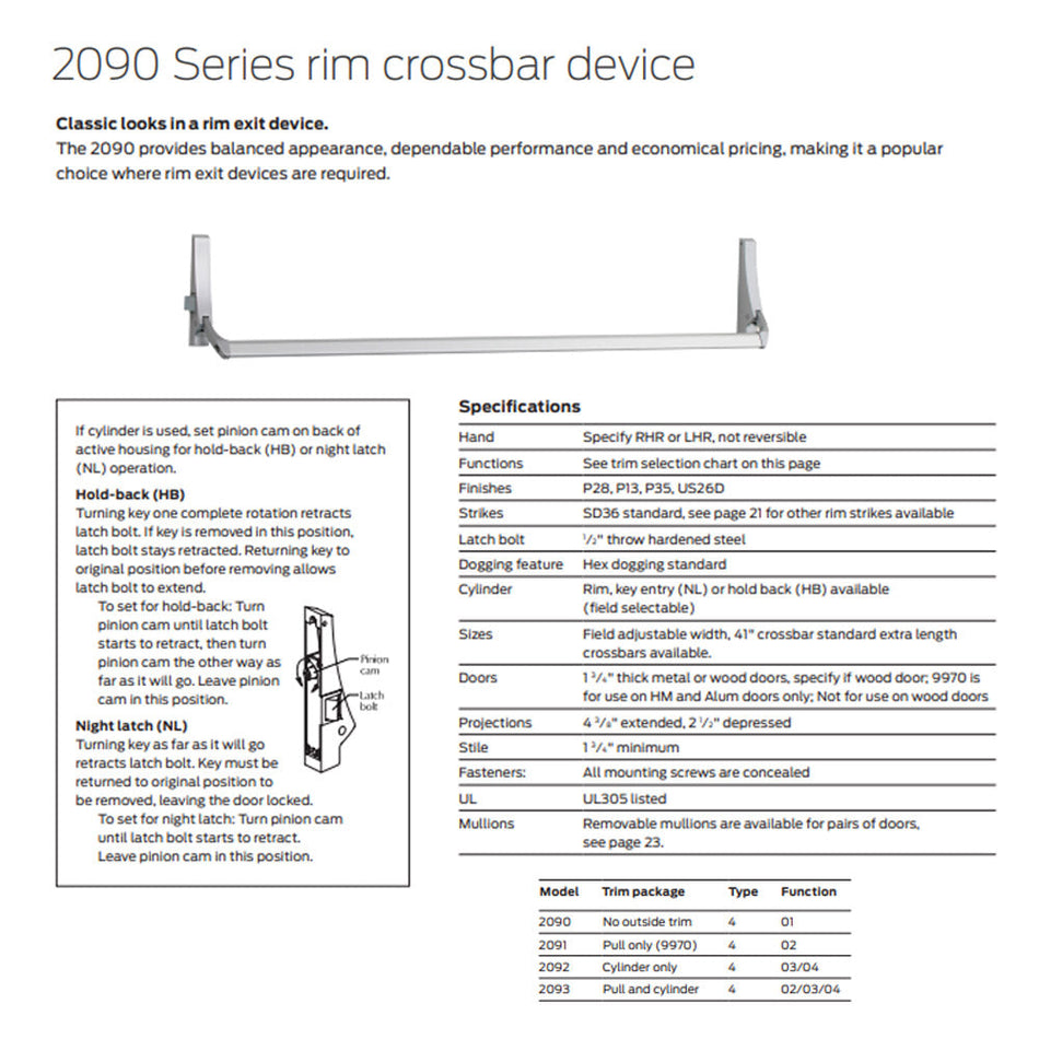 Falcon 2090EO Rim Cross Bar Exit Device