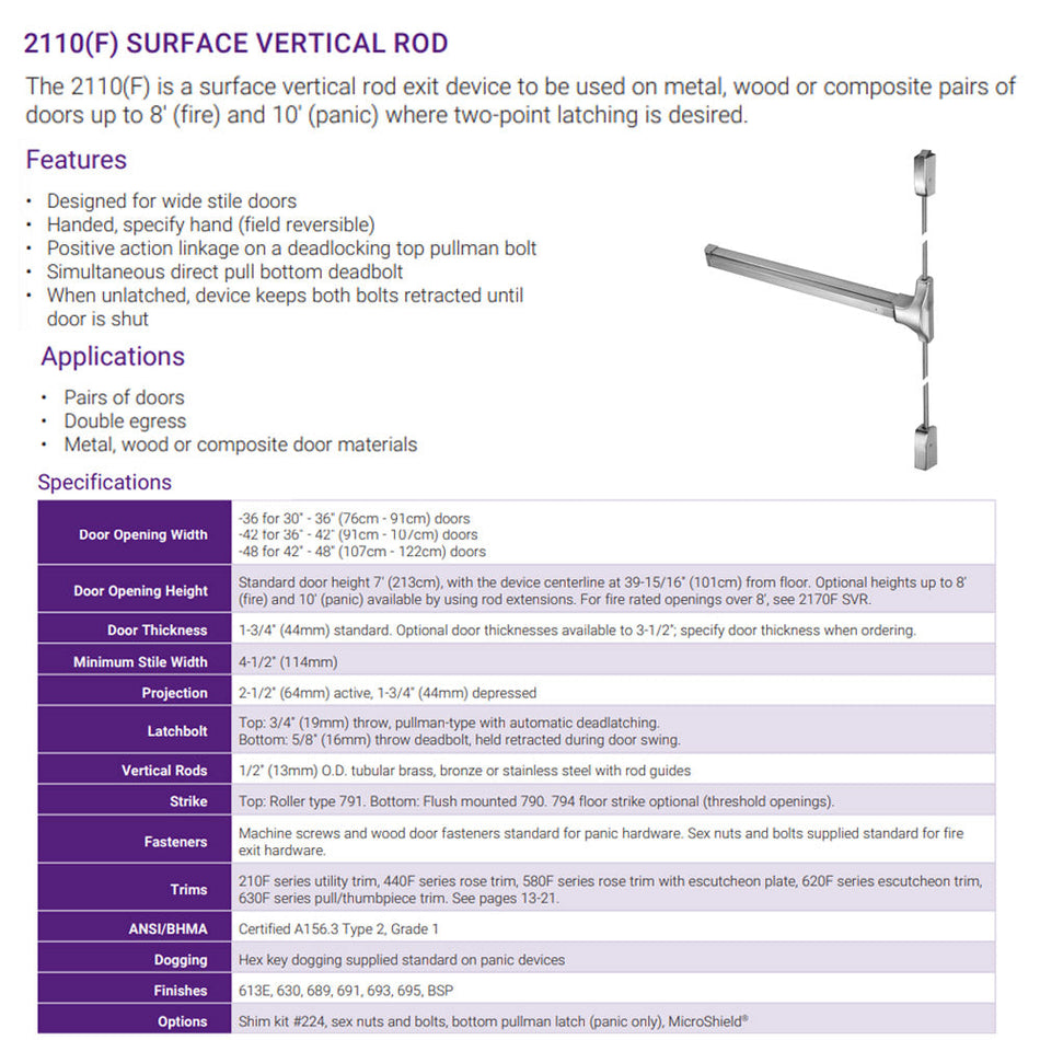Accentra 2110 Series Surface Vertical Rod Exit Device - Panic Rated / Fire Rated