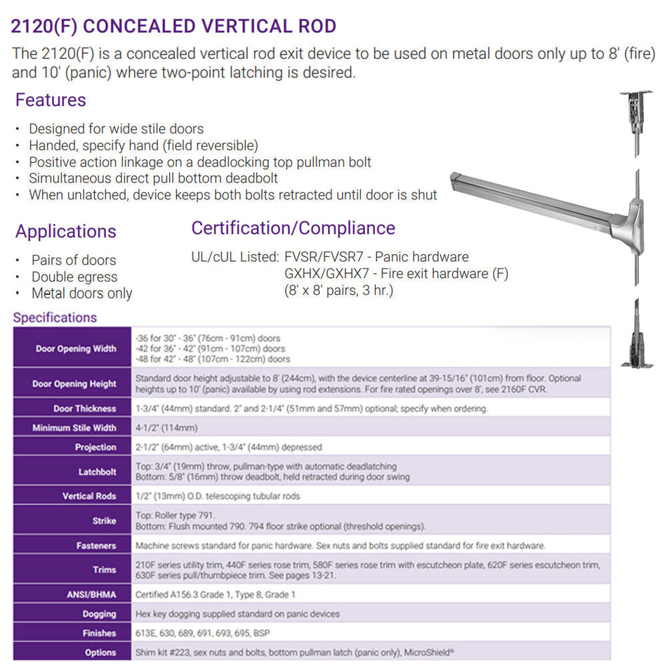 Accentra 2120 Series Concealed Vertical Rod Exit Device  - Panic Rated / Fire Rated