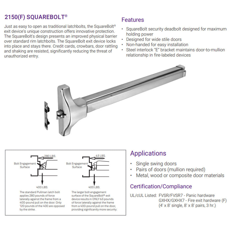 Accentra 2150 Series Squarebolt Rim Exit Device - Panic Rated / Fire Rated