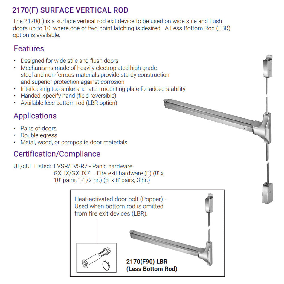 Accentra 2170 Series Surface Vertical Rod Exit Device - Panic Rated / Fire Rated