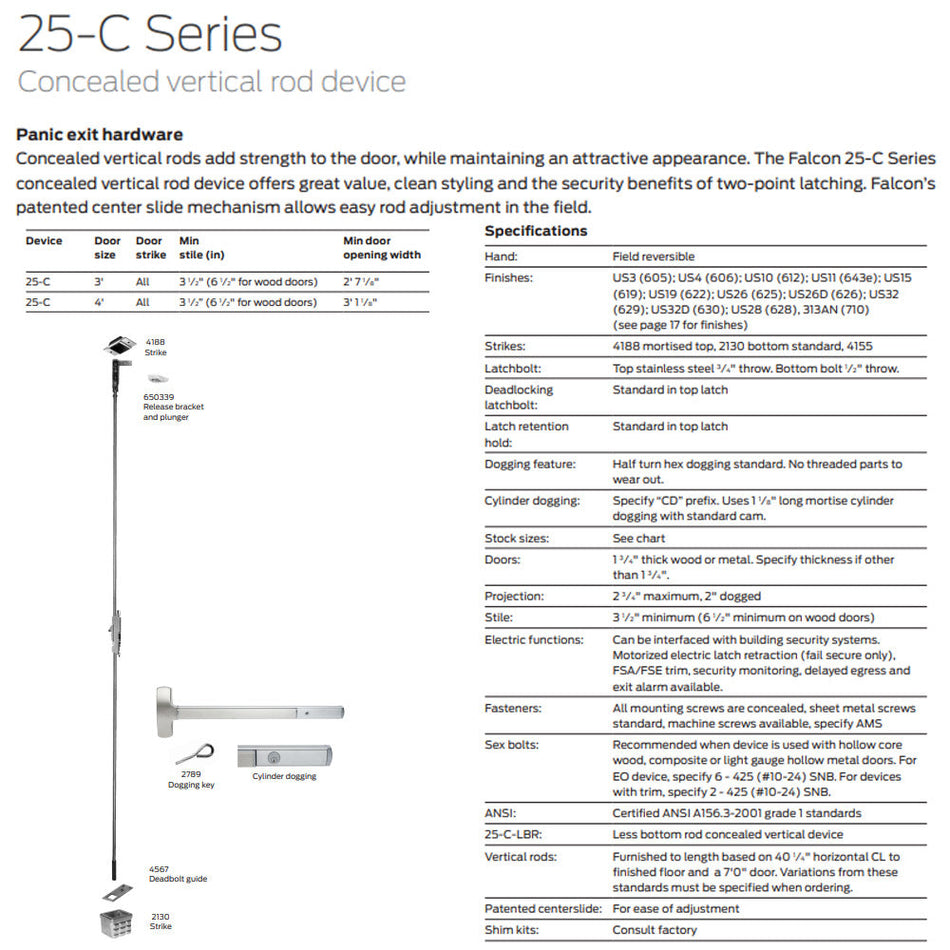 Falcon 25-C-EO Series Exit Only - Concealed Vertical Rod Device