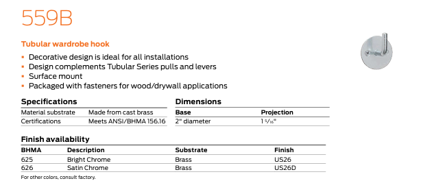 Ives - 559B Tubular Brass Wardrobe Hook