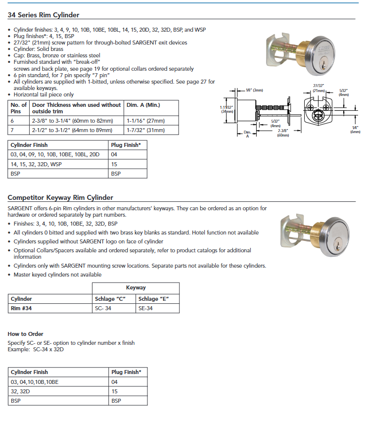 Sargent 34 Rim Cylinder