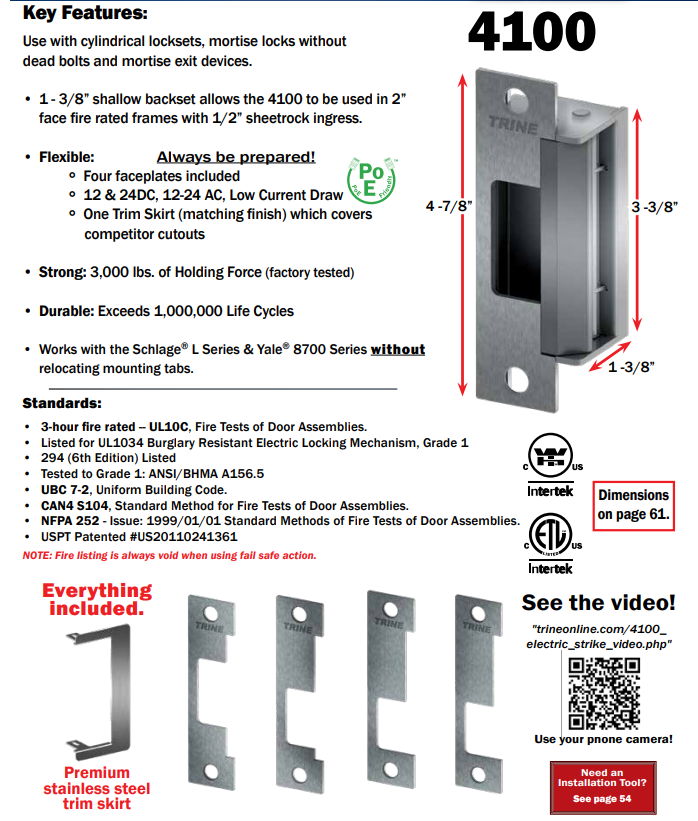 Trine 4100 One /box Solution for Cylindrical & Mortise Locks Electric Strike