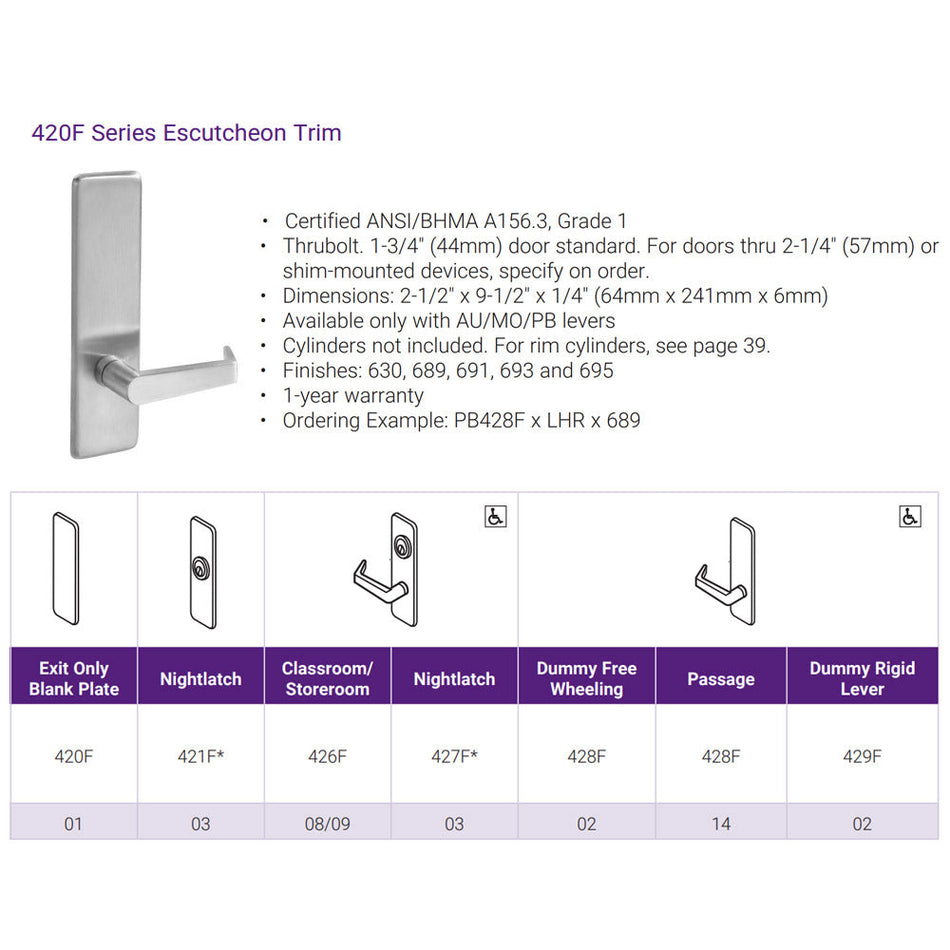 Accentra 428F/429F Exit Device Escutcheon Lever Trim for 6000, 2100, 1800 Series