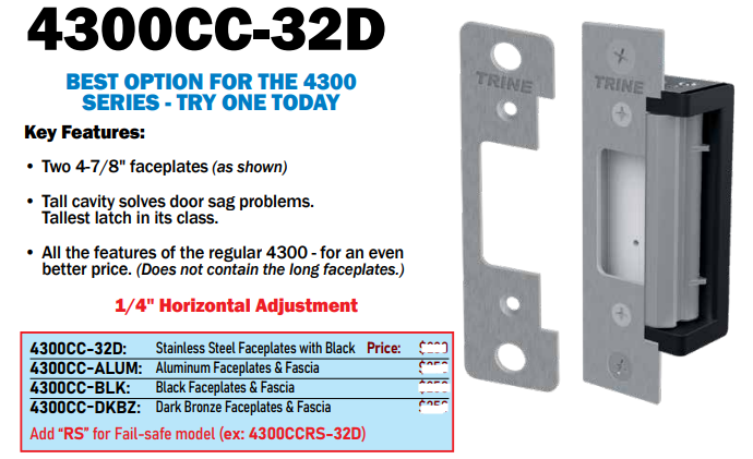 Trine 4300CC Cylindrical & Deadlatch Electric Strike with 2 Faceplates