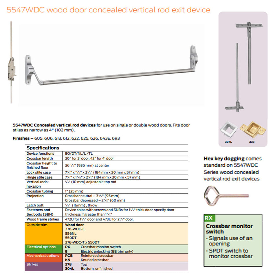 Von Duprin 5547WDCEO Concealed Vertical Rod Cross Bar Exit Device 55 Series