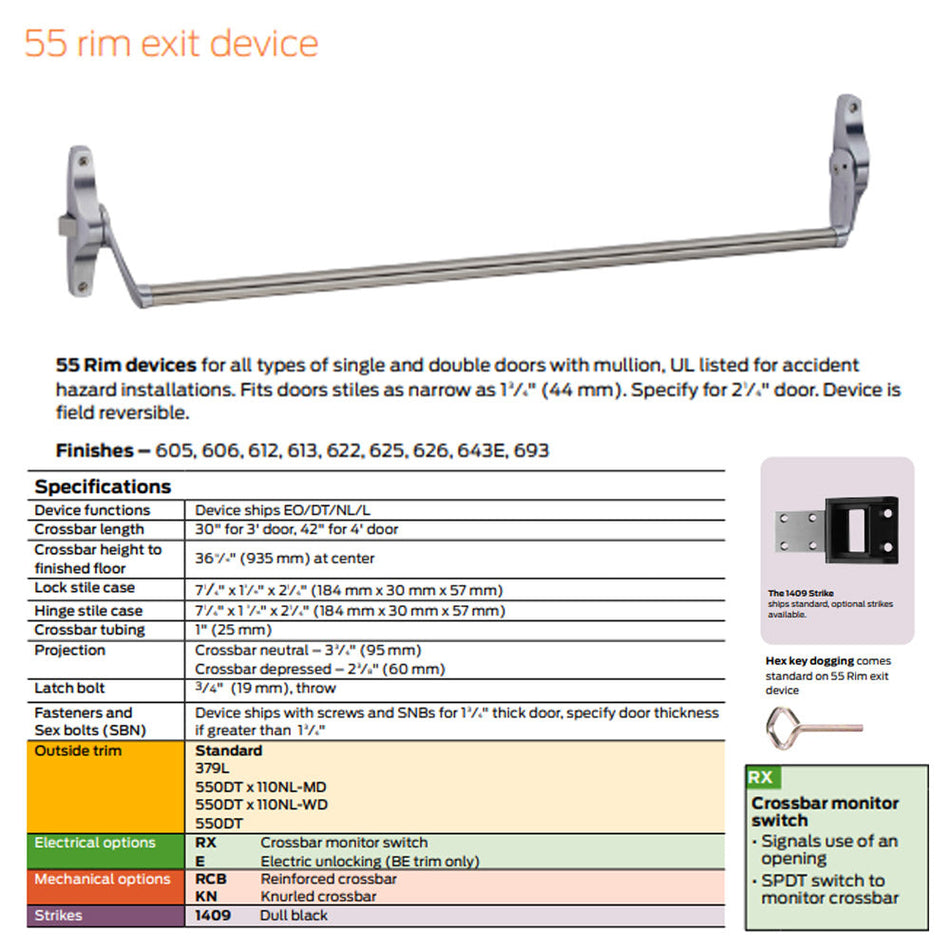 Von Duprin 55EO Rim Crossbar Exit Device