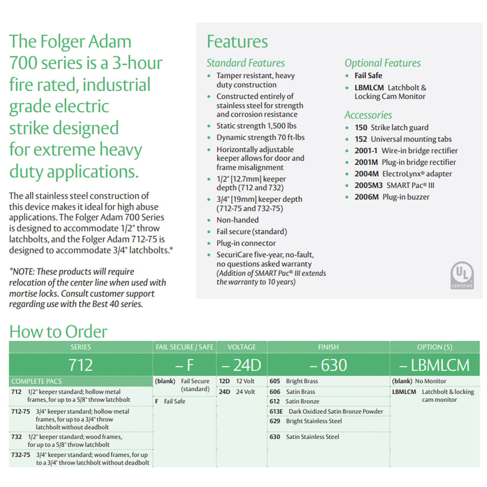 Folger Adam 712 Electric Strike for Latchbolt Locks