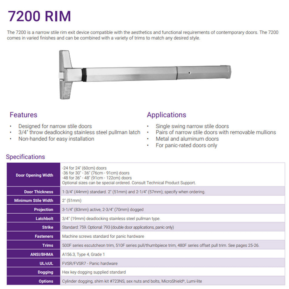 Accentra 7200 Series Narrow Stile Rim Exit Device