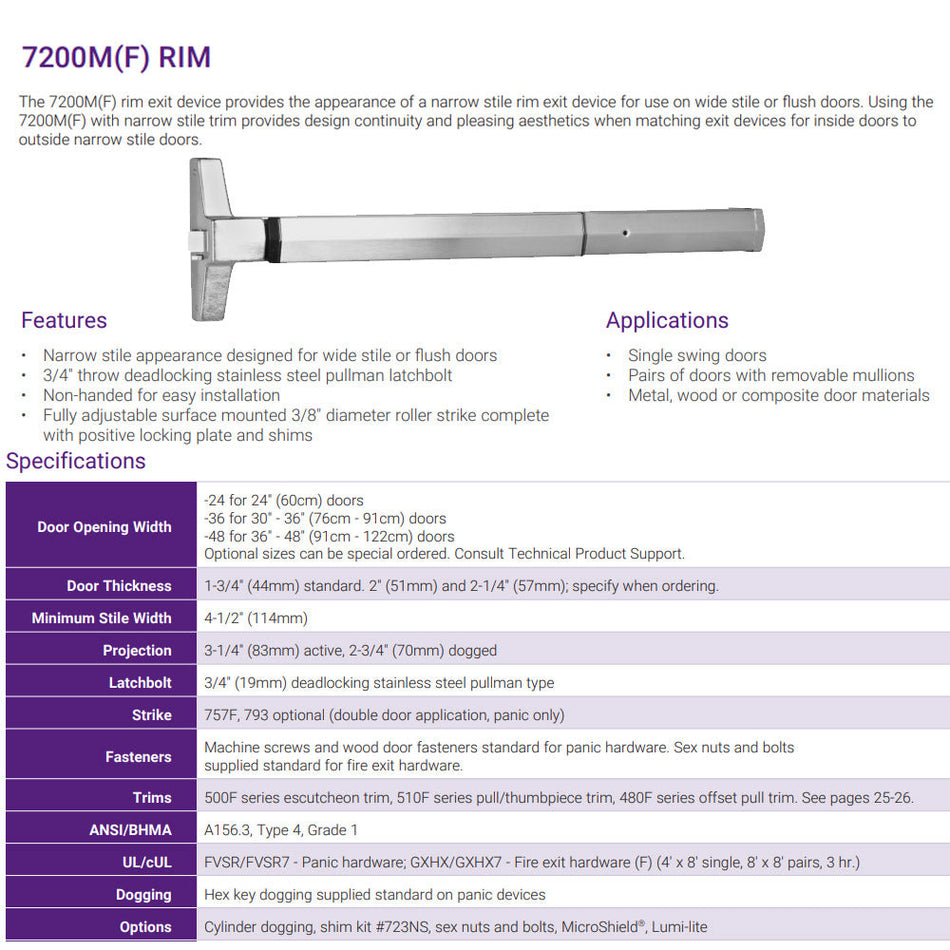 Accentra 7200M Series Narrow Stile Rim Exit Device
