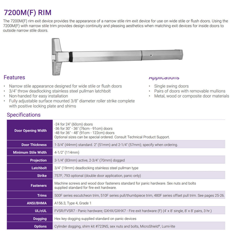 Accentra 7220MF Series Narrow Stile Concealed Vertical Rod Exit Device - Fire Rated
