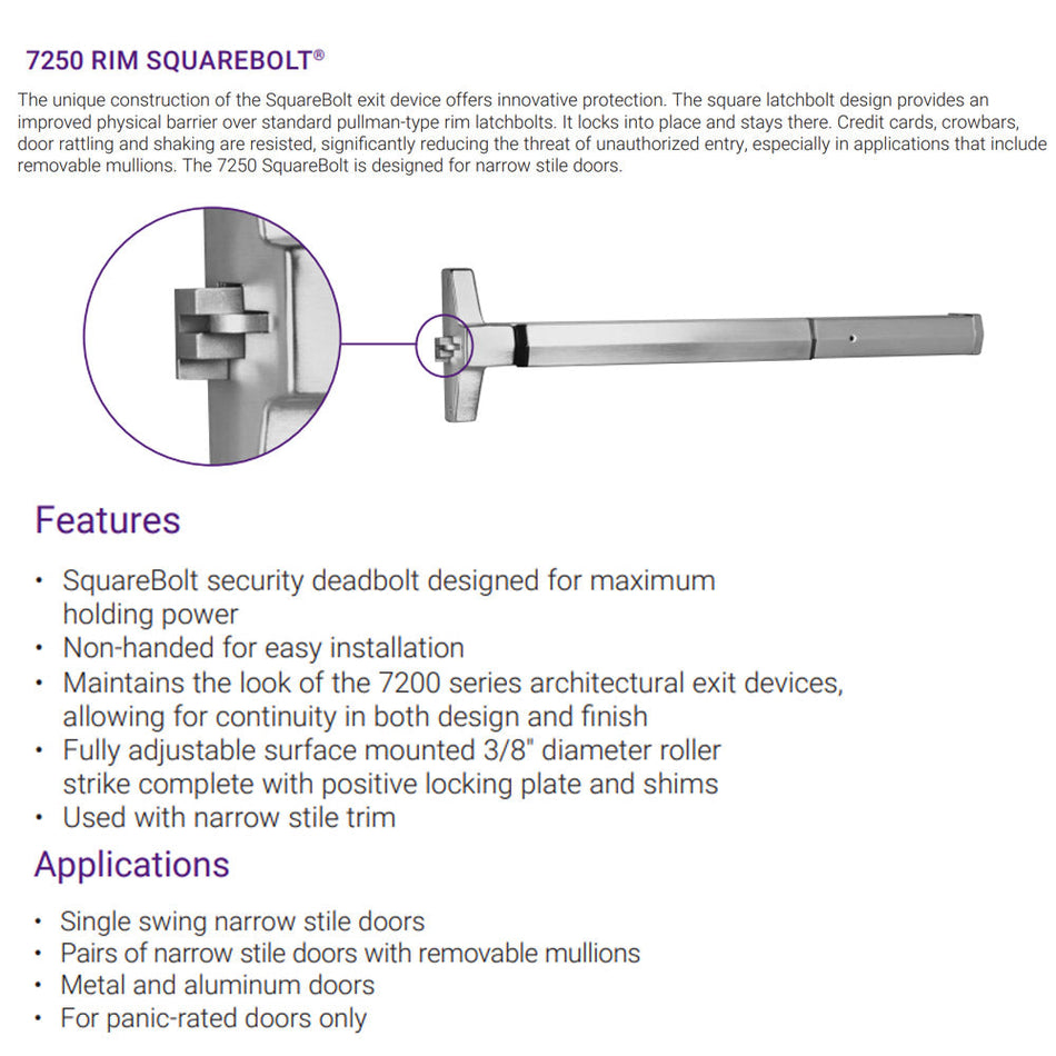 Accentra 7250 Series Narrow Stile SquareBolt Exit Device