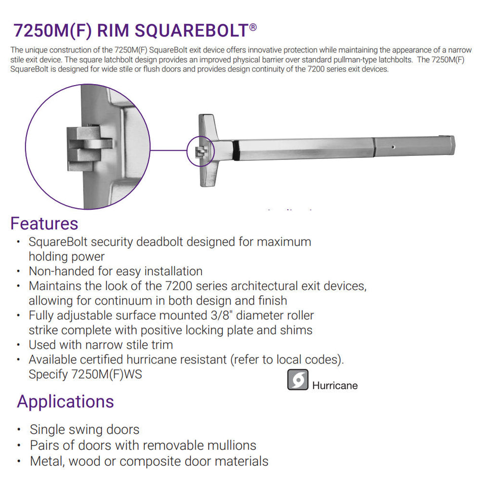 Accentra 7250M Series Narrow Stile SquareBolt Exit Device