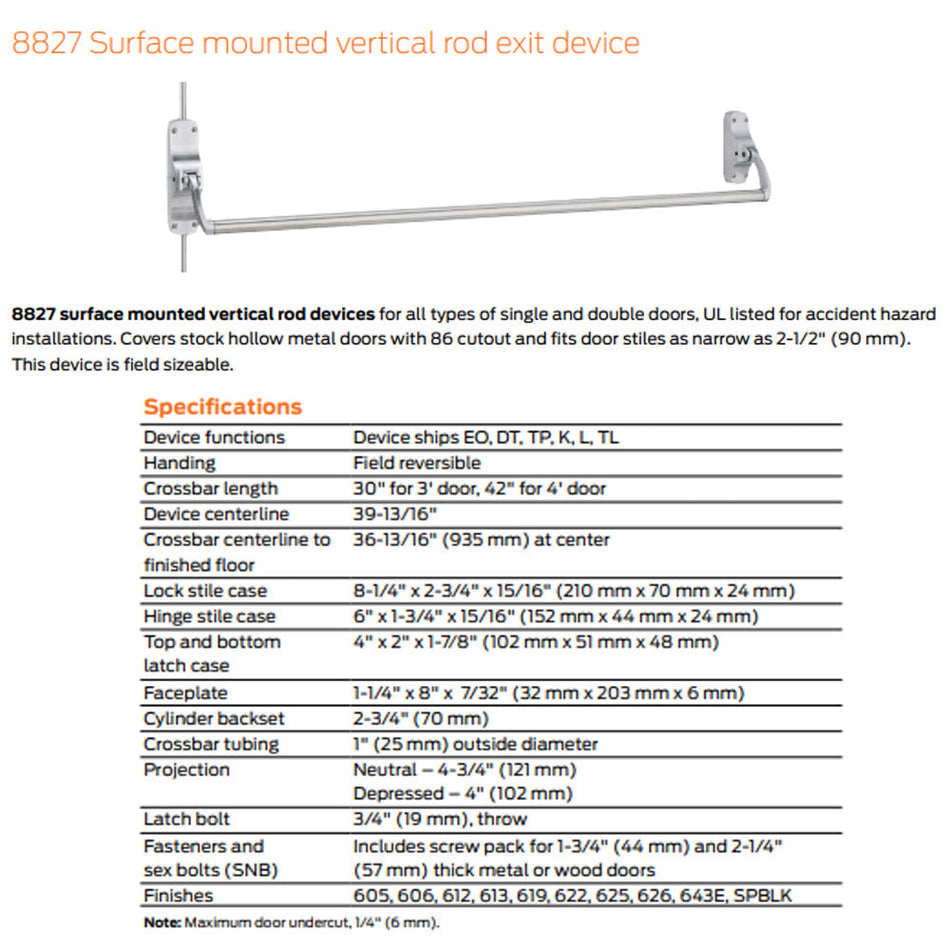 Von Duprin 8827EO Surface Vertical Rod Exit device 88 Series