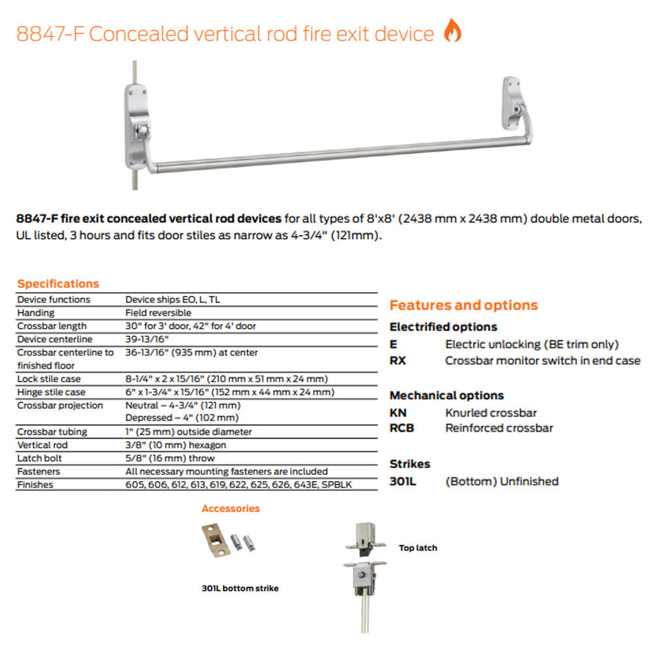 Von Duprin 8847EO-F Concealed vertical rod fire exit device 88 Series