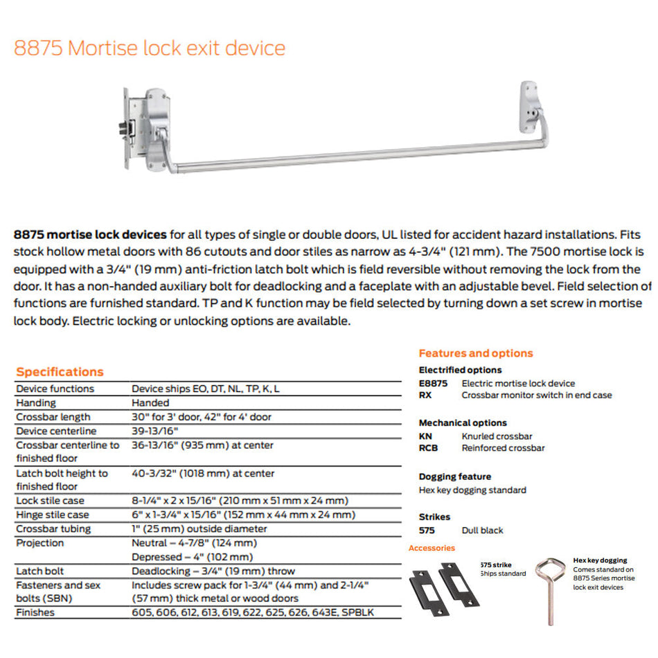 Von Duprin 8875EO Mortise Lock Cross Bar Exit Device 88 Series