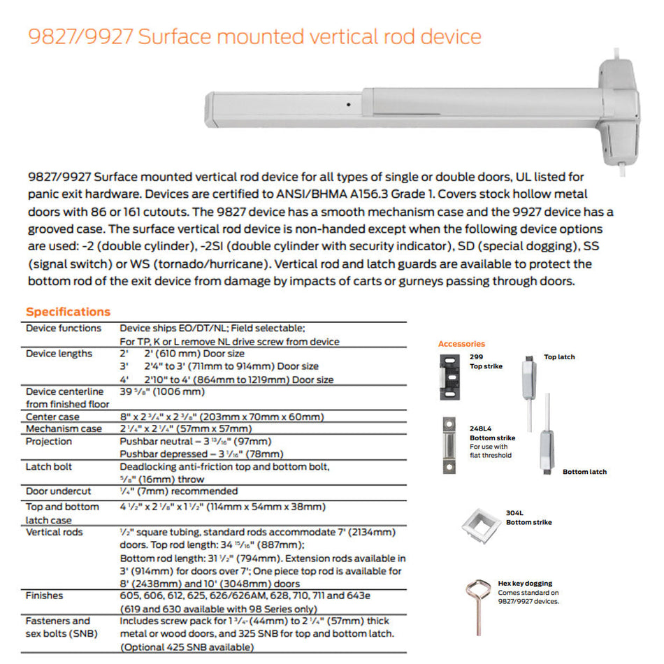 Von Duprin 9827EO/9927EO - Exit Only Surface Vertical Rod Device