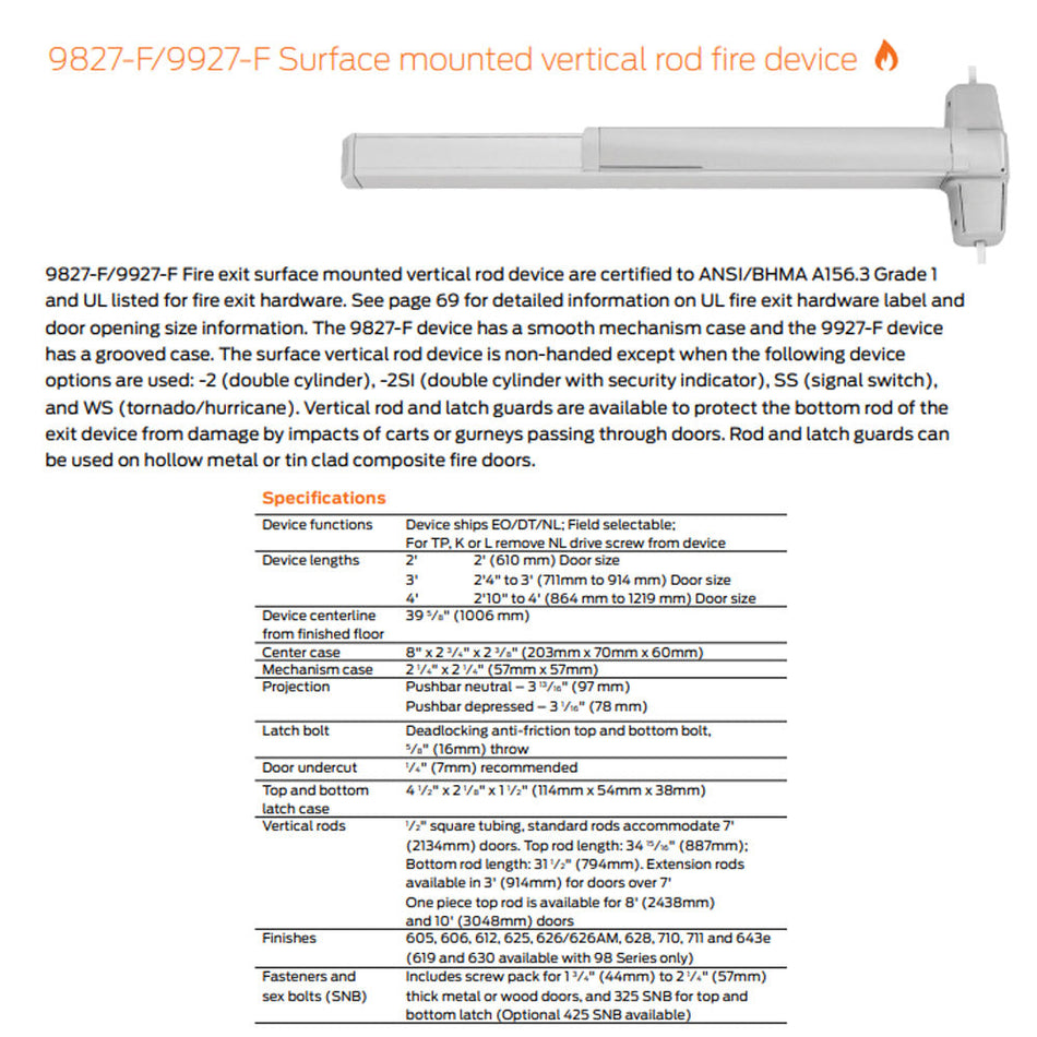 Von Duprin 9827DT-F/9927DT-F - Dummy Trim Surface Vertical Rod Device - Fire Rated