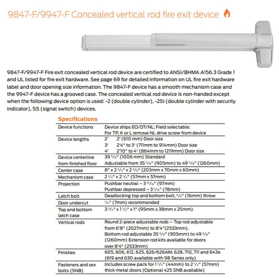 Von Duprin 9847EOF/9947EOF - Exit Only Concealed Vertical Rod Device - Fire Rated