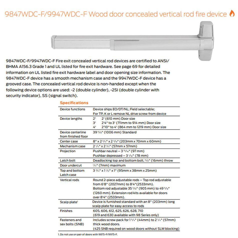 Von Duprin 9847WDC-EO-F/9947WDC-EO-F - Exit Only Wood Door Concealed Vertical Rod Device - Fire Rated