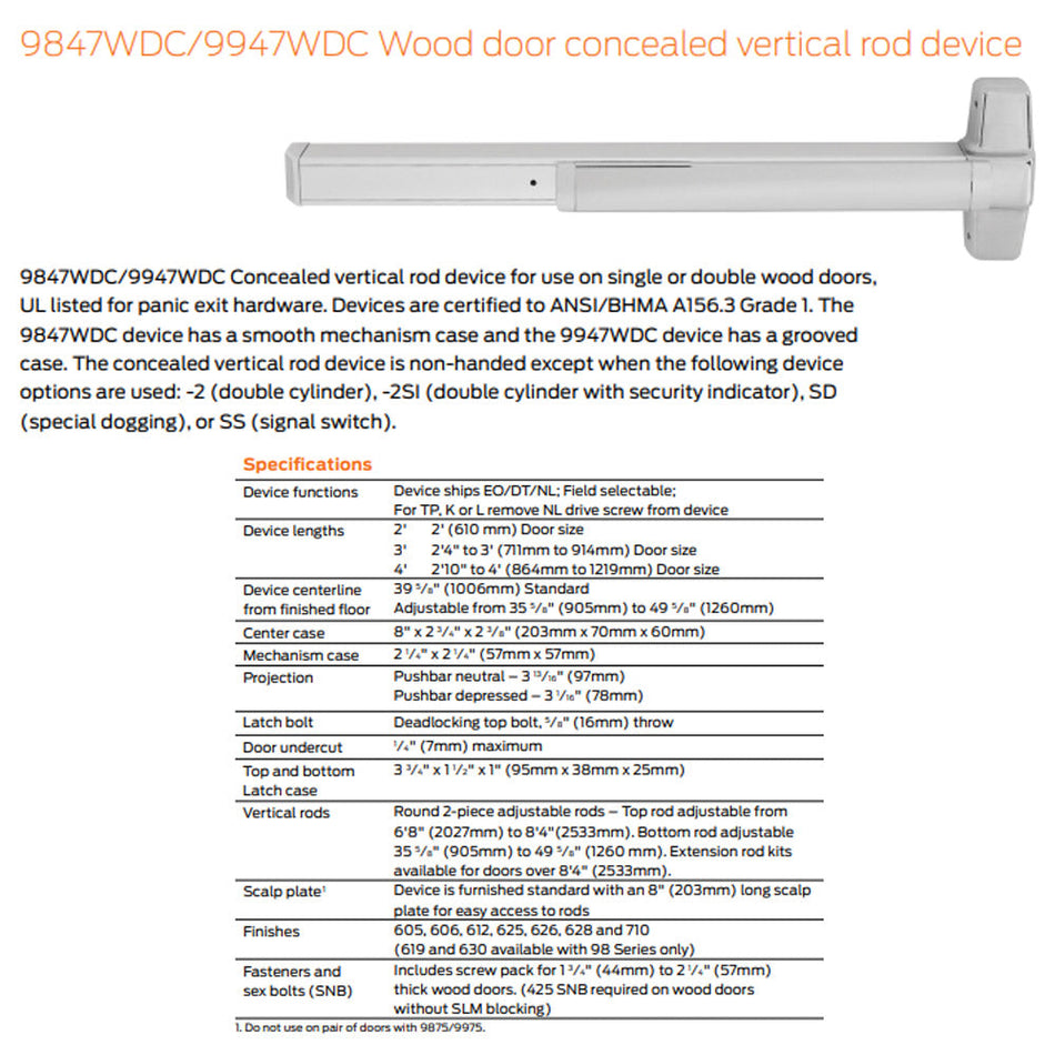 Von Duprin 9847WDC-EO/9947WDC-EO - Exit Only Wood Door Concealed Vertical Rod Device