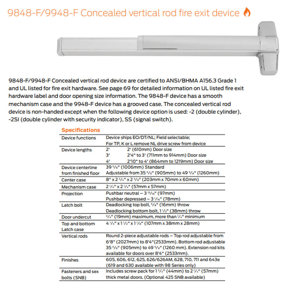 Von Duprin 9848DT-F/9948DT-F - Dummy Trim Concealed Vertical Rod Device - Fire Rated