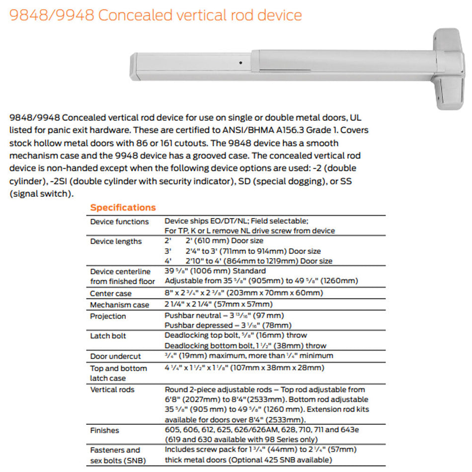 Von Duprin 9848EO/9948EO - Exit Only Concealed Vertical Rod Device