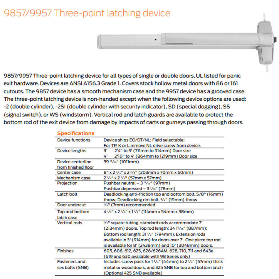 Von Duprin 9857EO/9957EO - Exit Only Surface Three Point Latch Device