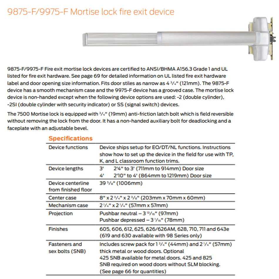 Von Duprin 9875NL-F/9975NL-F - Night Latch Mortise Lock Device - Fire Rated