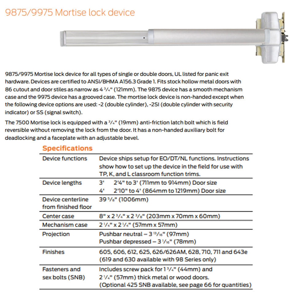 Von Duprin 9875K-DT/9975K-DT - Knob,Dummy Trim Mortise Lock Device