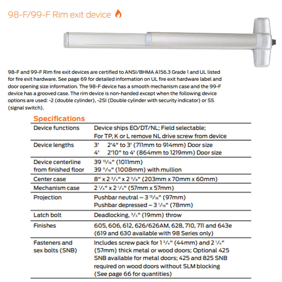 Von Duprin 98TP-F/99TP-F - Thumbpiece, Blank Escutcheon Rim Exit Device - Fire Rated