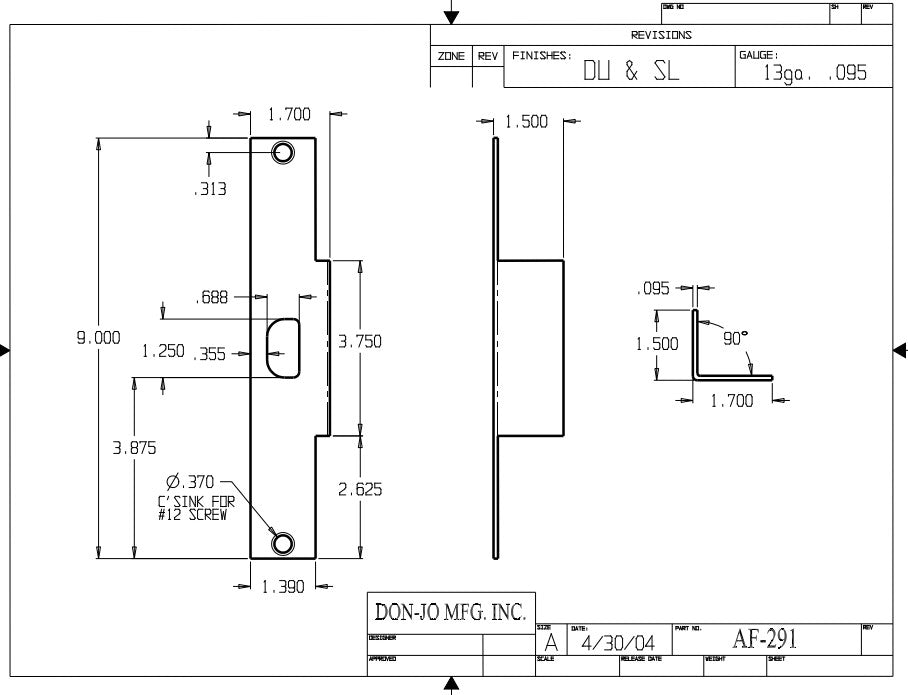 Don-jo AF 291 Electric Strike Filler Plate