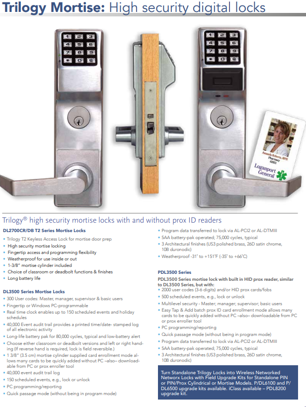 Alarm Lock DL3500CR/DB Trilogy Mortise Lock With Audit Trail & Scheduled Events
