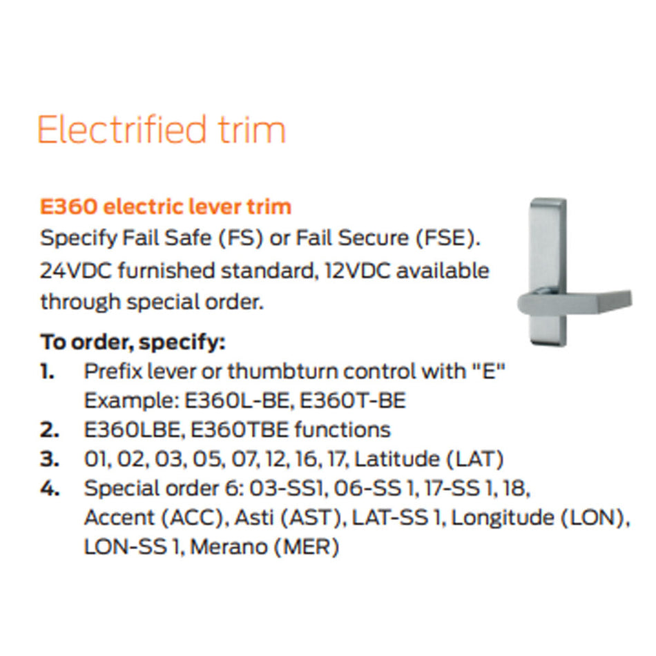 Von Duprin E360L-BE Electric Lever, Blank Escutcheon Trim for 33A/35A Series and 75 Series Exit Devices - 06 Lever
