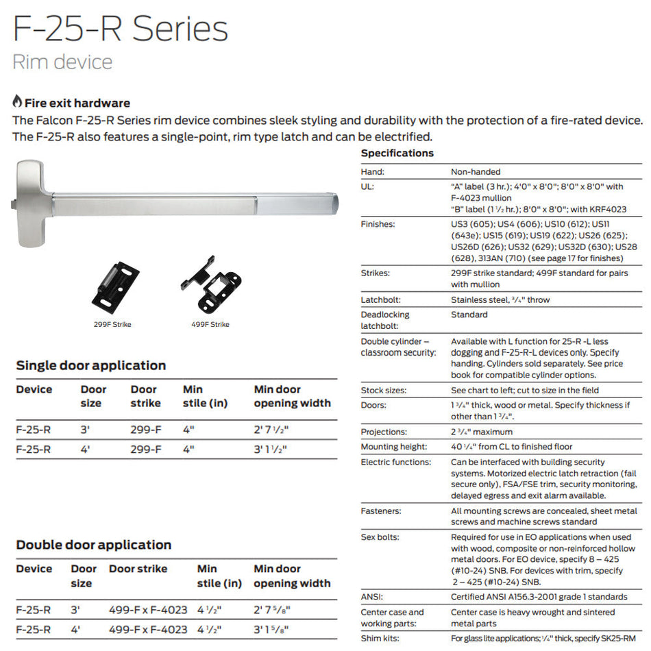 Falcon F-25-R-EO Series Exit Only - Rim Exit Device Fire Rated