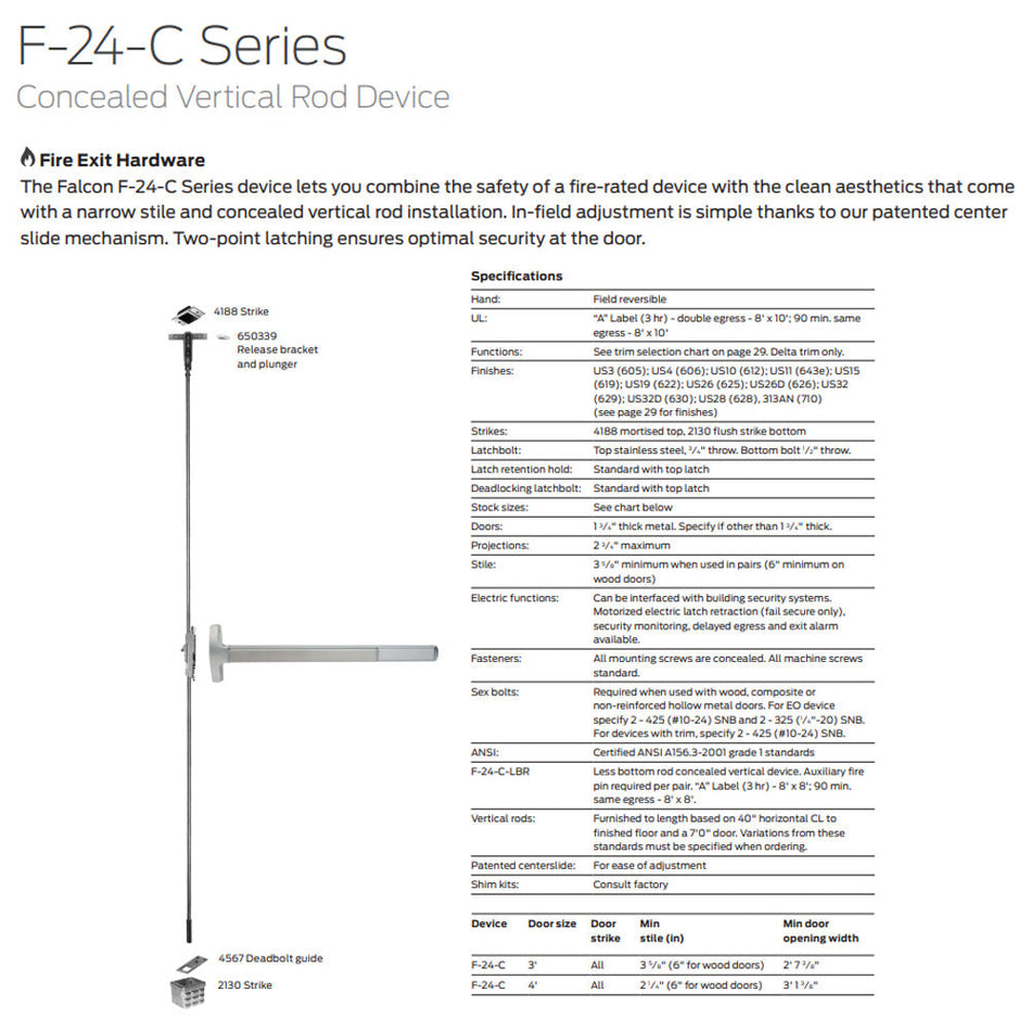 Falcon F-24-CWDC-EO Series Exit Only - Concealed Vertical Rod Exit Device for Wood Doors - Fire Rated