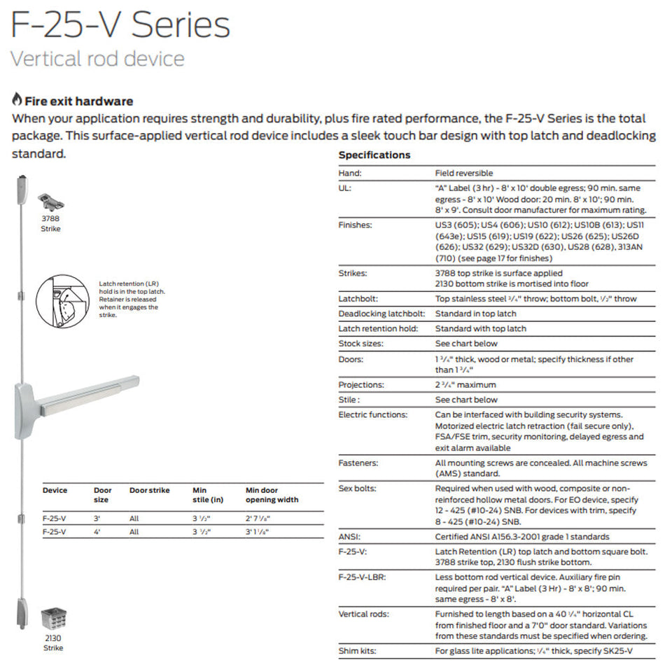 Falcon F-25-V-EO Series Exit Only - Vertical Rod Exit Device Fire Rated