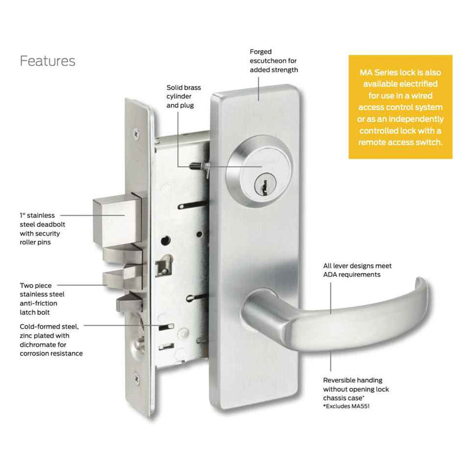 Falcon MA521 Entry/Office Lock - Grade 1 Single Cylinder Mortise Lock