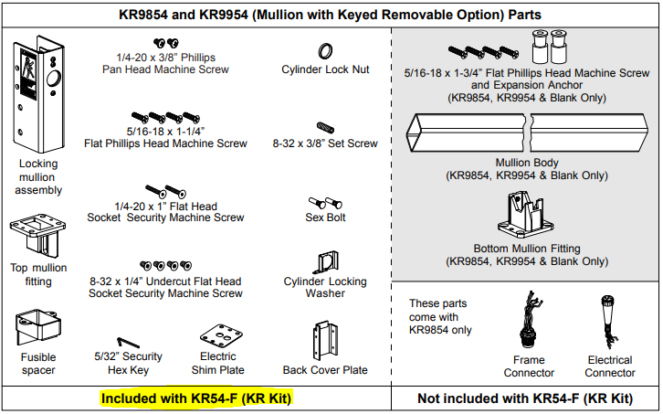Von Duprin KR54-F Keyed Removable Kit for 98/9954/4754/4854 Mullion ...