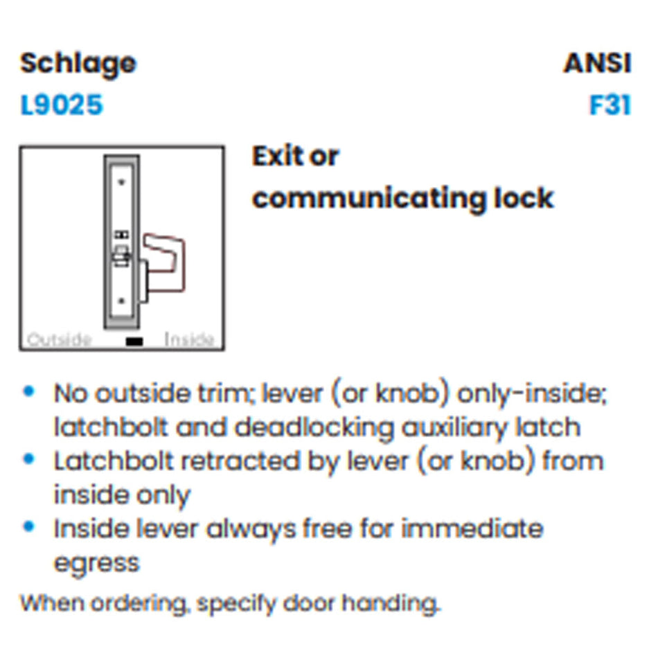 Schlage L9025 - Exit Lock - Grade 1 Mortise Non-Keyed Lever Lock