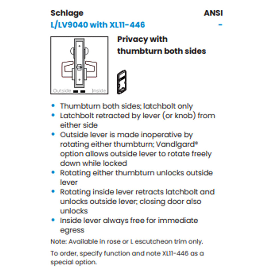 Schlage L9040 - Bath/Bedroom Privacy Lock With Turn Both Sides - Grade 1 Mortise Non-Keyed Lever Lock
