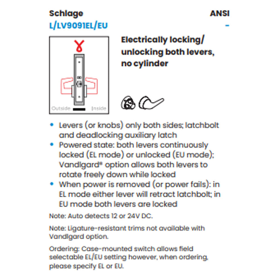 Schlage L9091EL - Electrified Mortise Lock - Grade 1, Fail Safe, Both Levers EL, No Cylinder Override